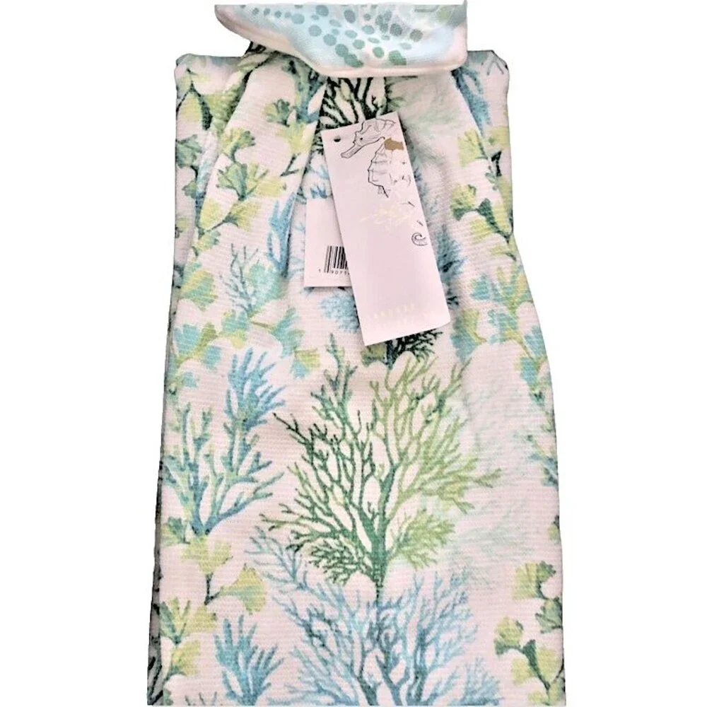 Shell Coral Hanging Dish Towel Summer Beach House Cottage Blue Green Set of 2
